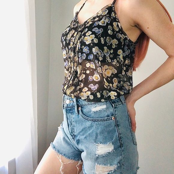 Sheer Flower Print Tank Top Small Floral Daisy - Picture 1 of 4
